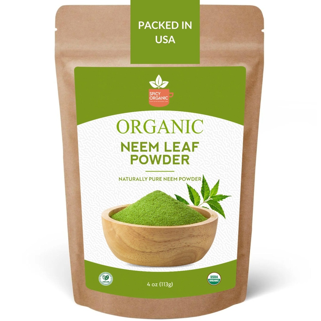 SPICY ORGANIC Neem Powder - 4 oz. - Certificeret USDA Organic - Non- GMO - Friske tørrede Neem blade pulver til sundt hår og hud - Azadirachta Indica Ayurvedic Herb for samlet velvære