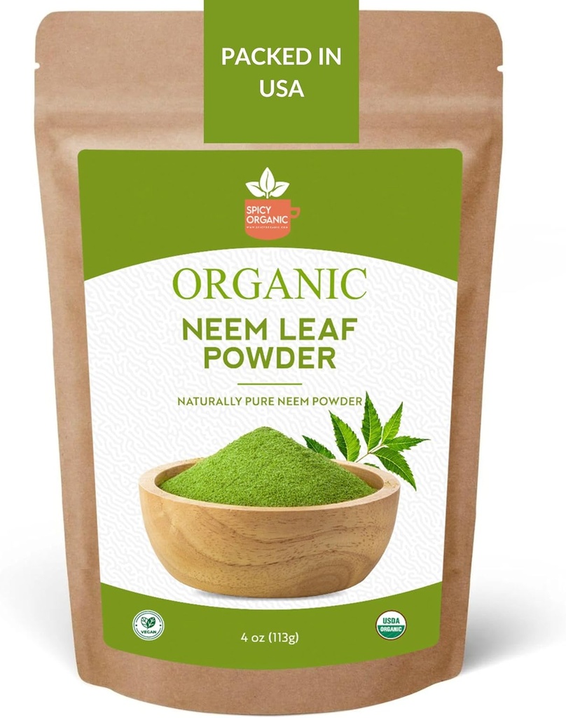 SPICY ORGANIC Neem Powder - 4 oz. - Certificeret USDA Organic - Non- GMO - Friske tørrede Neem blade pulver til sundt hår og hud - Azadirachta Indica Ayurvedic Herb for samlet velvære