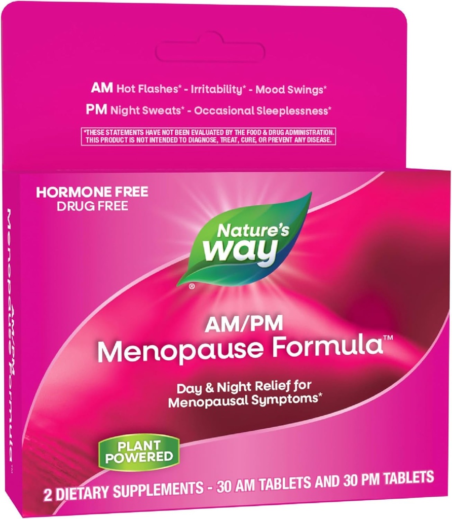 Nature 's Way AM / PM Menopause Kosttilskud til kvinder, Hot Flash Relief *, Night Sweats *, Rastful Sleep *, Mood Swings *, Hormone-Free Formulas med Black Cohosh, Theanine, Valerian, 60 tabletter