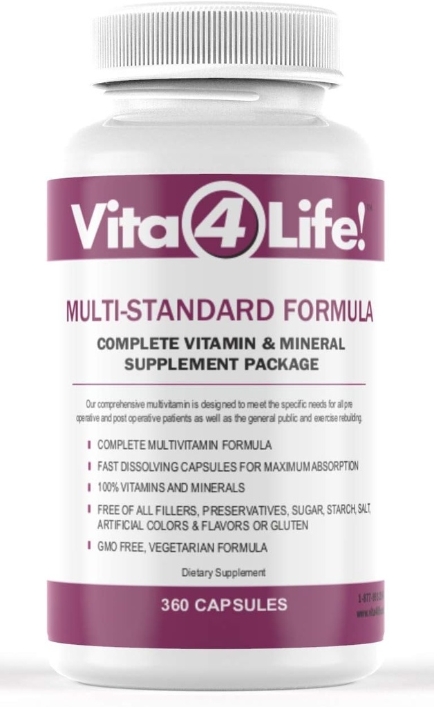 Vita4Life ® Multi- Standard Formel • Komplet Vitamin & Mineral Complex • 360- Kapsler • Fast- Opløs Veggie Caps • Ingen Fillers, GMO, Gluten, Dairy • 50 + Nutrients (A- Zink)
