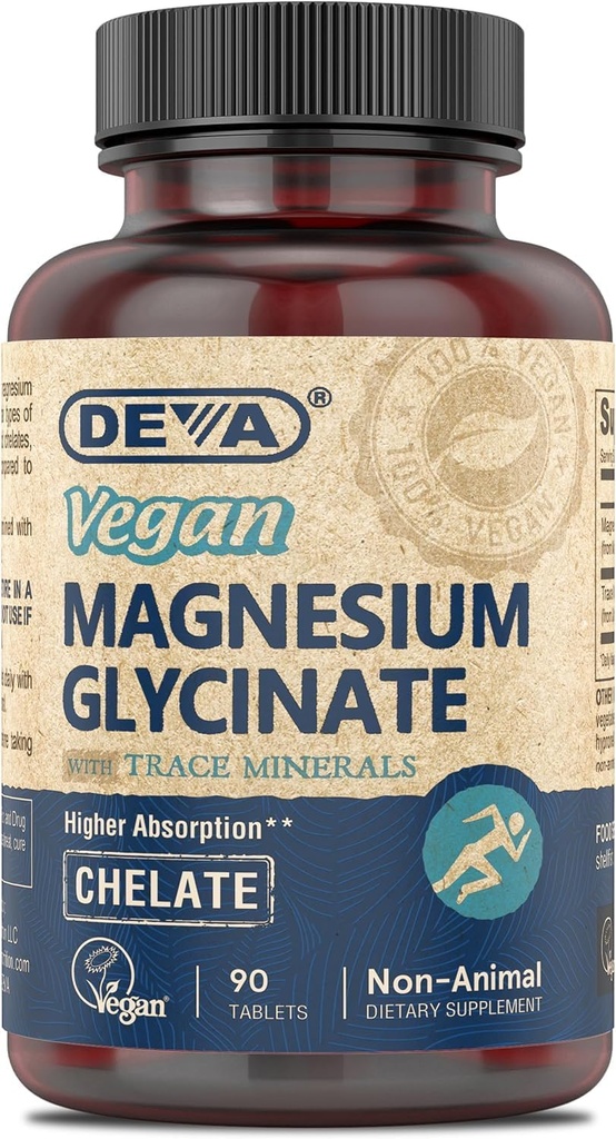 DEVA Vegan Magnesium Glycinate 300mg per portion med trace mineraler, højere Absorption, Chelated Magnesium, 90 tabletter