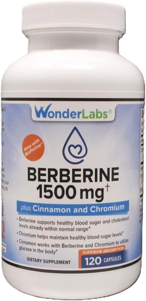 Wonder Laboratories Surperior Absorption Berberine HCL 1.500mg + kanel, krom, og BioPerine vedligeholdelse for glucose, hjerte & immunsystem sundhed gluten & GMO fri - 120 kapsler