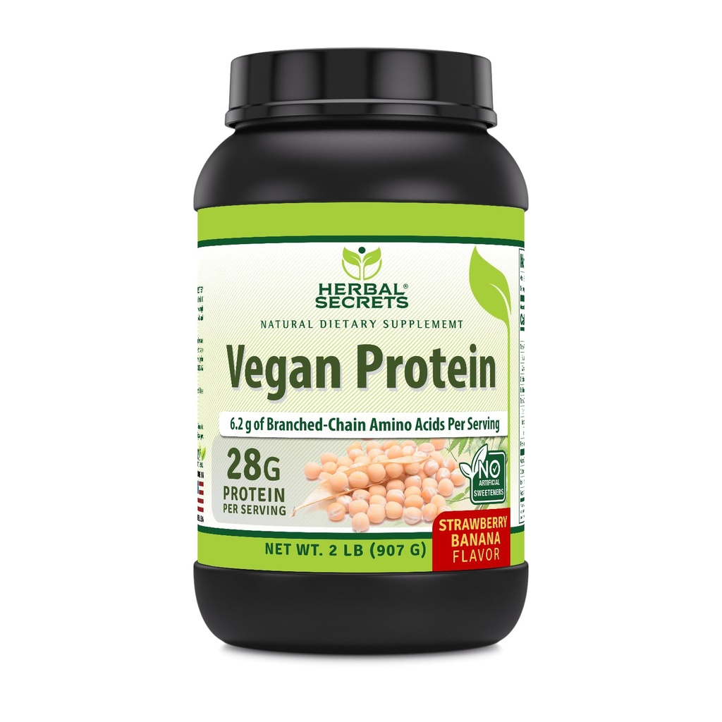 Urtehemmeligheder Vegan Protein Meap 124; 28 Grams Protein Meap 124; 23 Servering Meap 124; 6.2 Grams BCAA Supplement Meap 124; Lavet i USA (2 Lb, Strawberry Banana)