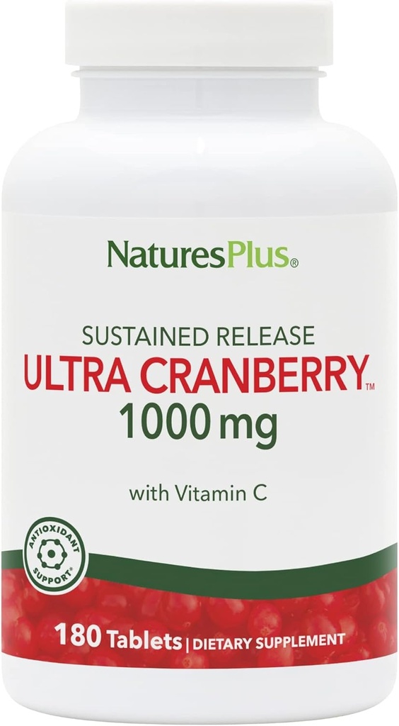 Natures Plus Ultra Cranberry 1000, Vedvarende udgivelse - 1000 mg - Natural Cranberry med C-vitamin - fremmer Urinary Tract Health - 180 Vegetariske tabletter (90 Servere)