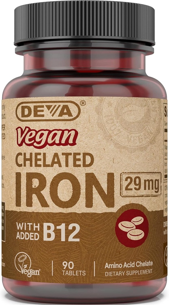 DEVA Vegansk lakeret jern med tilsat vitamin B- 12, Kosttilskud, 29 mg, 90 Tælling