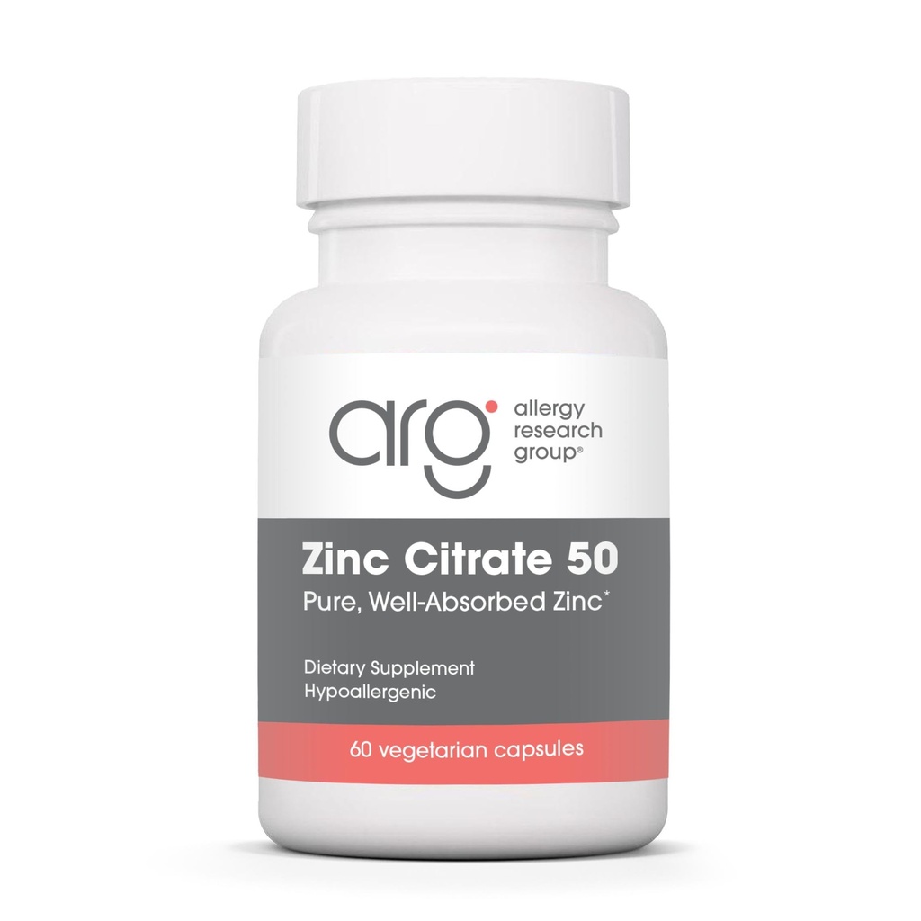 Allergy Research Group Zink Citrate Supplement - Zink til mænd og kvinder, immunforsvar, Pure, Well- Absorberet, Well- Tolereret, Trace Mineral, 50mg vegetariske kapsler - 60 Greve