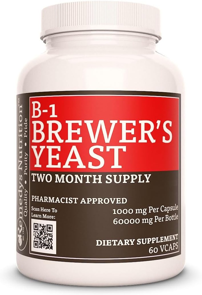 Remedy 's Nutrition Vitamin B - 1 med Brewers Yeast- 124; 1000 mg, 60 Vegan Kapsler Kosttilskud 124; Two Month Supply