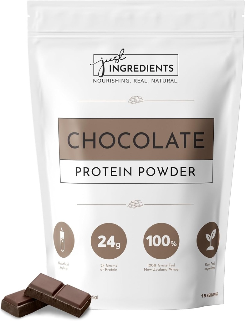 JUST INGREDIENSER Proteinpulver • 124; 15 Servering • 124; 24g Protein • 124; Chocolate Flavor Made with 100% Grass- Fed, Ikke-Denemated Whey • 124; Fem forskellige kilder fra økologiske hele fødevareingredienser
