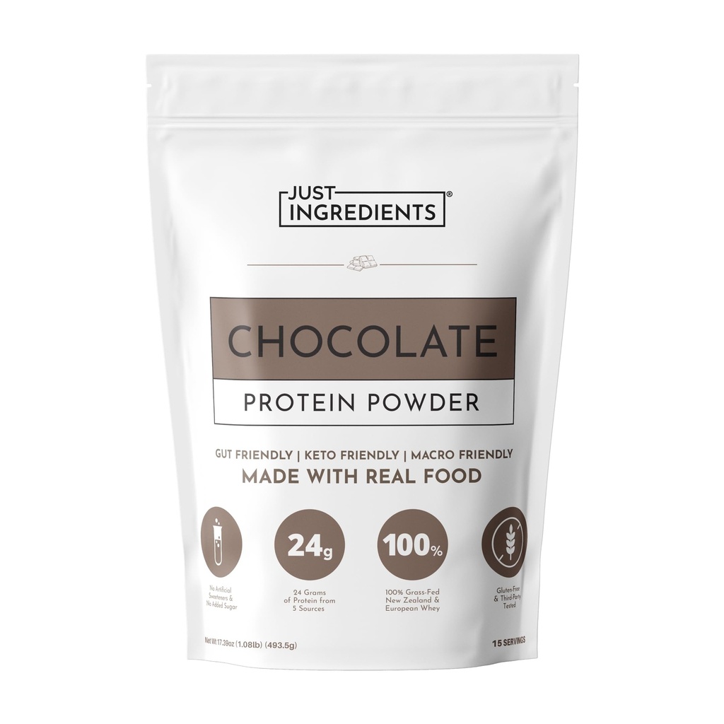JUST INGREDIENSER Proteinpulver • 124; 15 Servering • 124; 24g Protein • 124; Chocolate Flavor Made with 100% Grass- Fed, Ikke-Denemated Whey • 124; Fem forskellige kilder fra økologiske hele fødevareingredienser