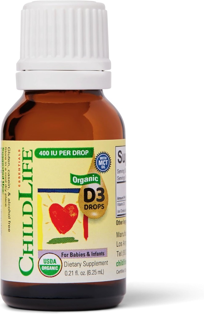 BodidLife Essentials Organic Vitamin D3 Drops til spædbørn & nyfødte - Baby Vitamin D Drops, 400 IE per væske drop, immunforsvar & ben sundhedsstøtte, USDA Organic, Flavorless - 0,21 Fl Oz (1 Pack)