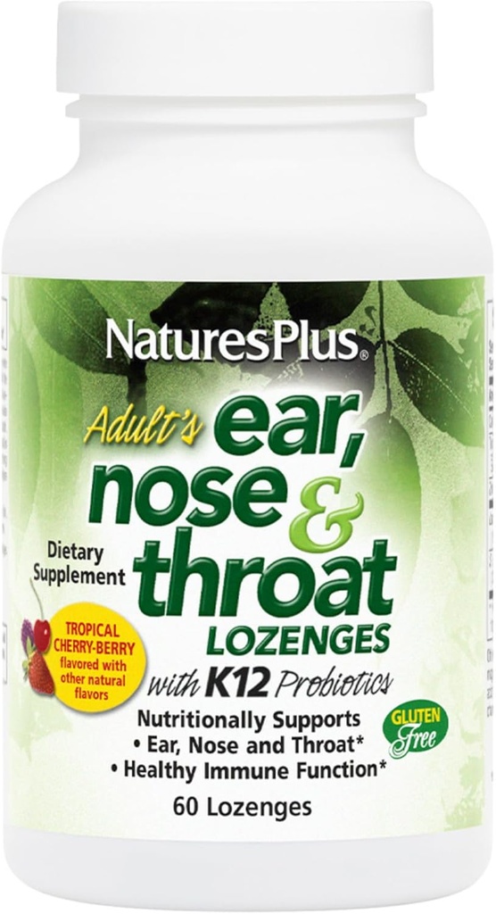 Natures Plus Voksens Øre Næsehals Lozenge med K12 Probiotika - 60 Lozenges - Natural Tropical Cherry Berry Flavor - Understøtter Øre, Næse og Hals og immunfunktion - Gluten- Free - 30 Serveringer