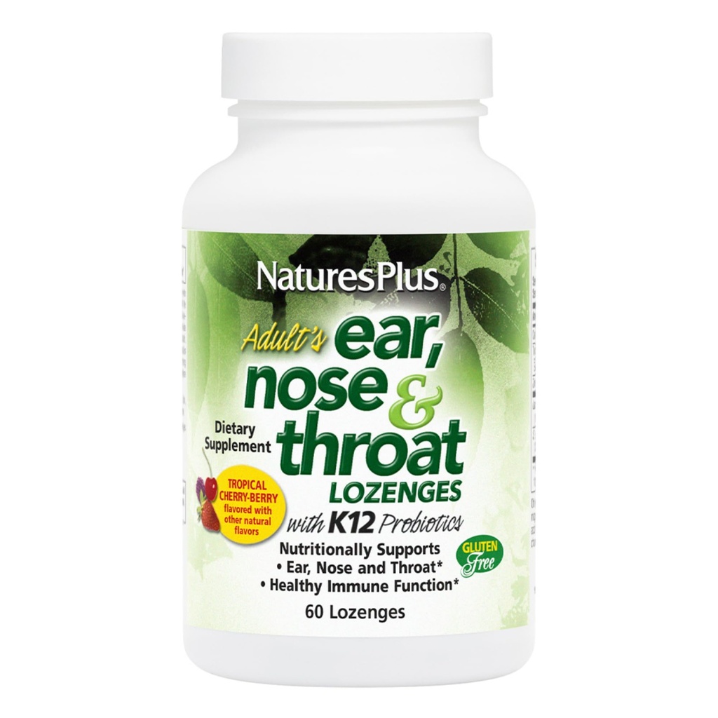 Natures Plus Voksens Øre Næsehals Lozenge med K12 Probiotika - 60 Lozenges - Natural Tropical Cherry Berry Flavor - Understøtter Øre, Næse og Hals og immunfunktion - Gluten- Free - 30 Serveringer