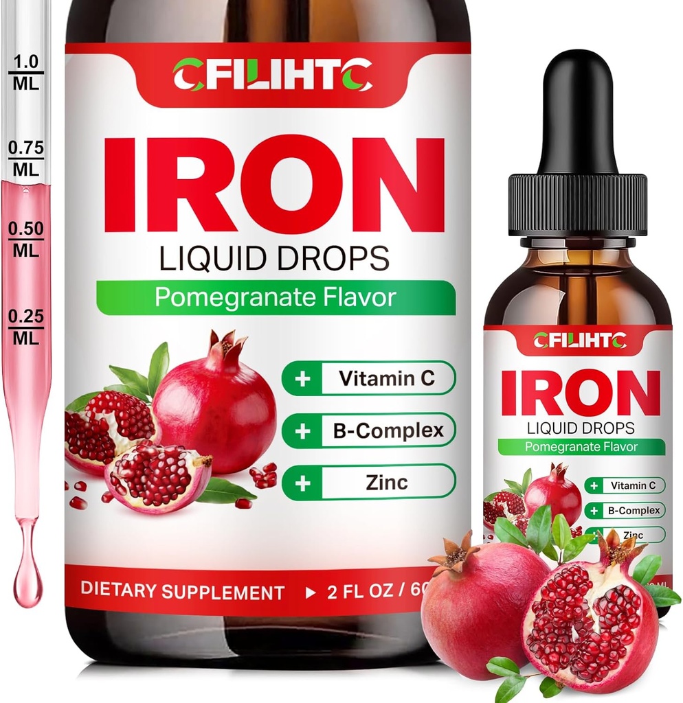Flydende jerntilskud til kvinder Mænd og børn Multivitamin jerndråber med folat, C-vitamin, B6, B12, Zink til anæmi, jernmangel, blodbygger, energi - Natural Pomegranate Flavor, Vegan 2 Fl Oz