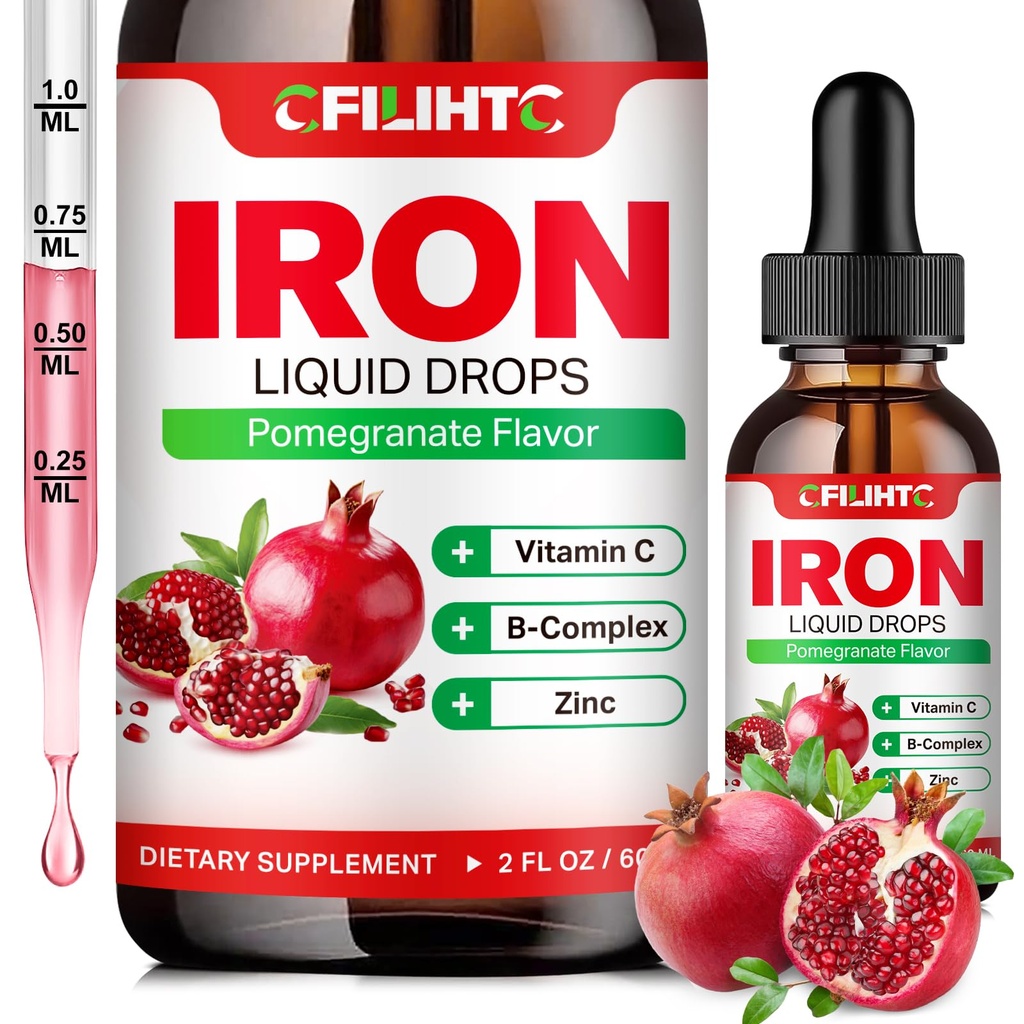 Flydende jerntilskud til kvinder Mænd og børn Multivitamin jerndråber med folat, C-vitamin, B6, B12, Zink til anæmi, jernmangel, blodbygger, energi - Natural Pomegranate Flavor, Vegan 2 Fl Oz