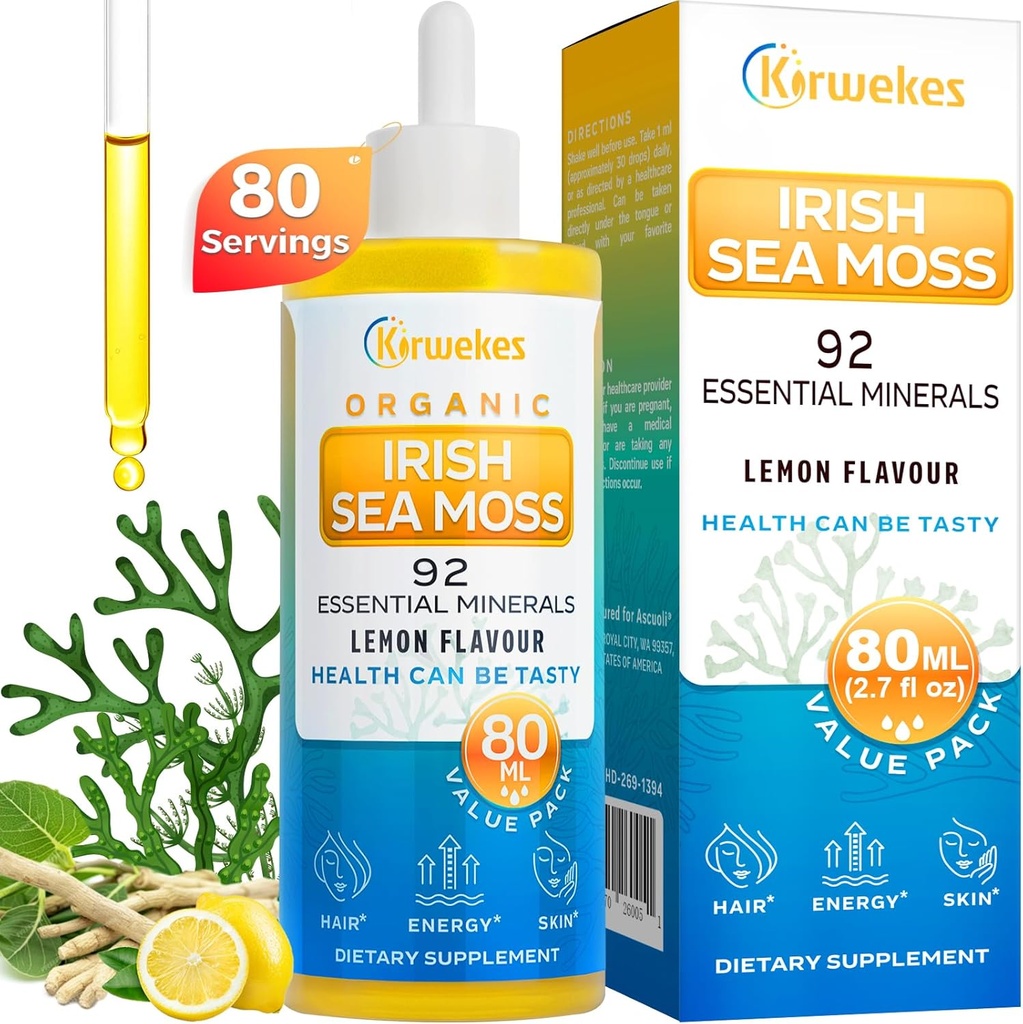 Sea Moss & Ashwagandha Root Drops - 10X Stærkere Seamoss & Ashwagandha til kvinder & mænd, Sea Moss Drops til mad, Immunitet, fordøjelsesbesvær, energi, hud, hår fælles Lemon Flavour - 80 Servering