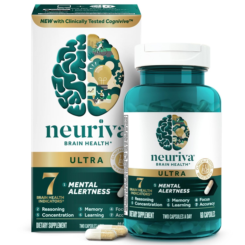 NEURIVA Ultra Deccafeated Clinically Tested Nootrop Brain Supplement for Mental Alerness, Memory, Focus & Concentration, Cognivive, Neurofaktor, Phosphatidylserin, Vitaminer B6 B12, 60 kapsler