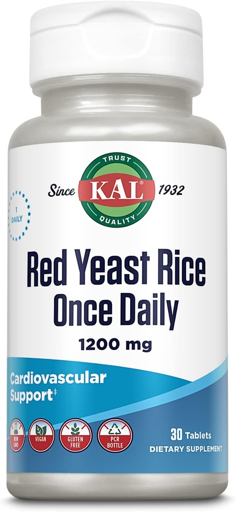 KAL Rød Gær Rice En gang daglig 1200mg, Cardiovaskulær Support * tillæg med naturligt occurring umættede fedtsyrer, Aminosyrer & Phytonutrients, Vegan, Gluten Free, 30 Servere, 30 tabletter