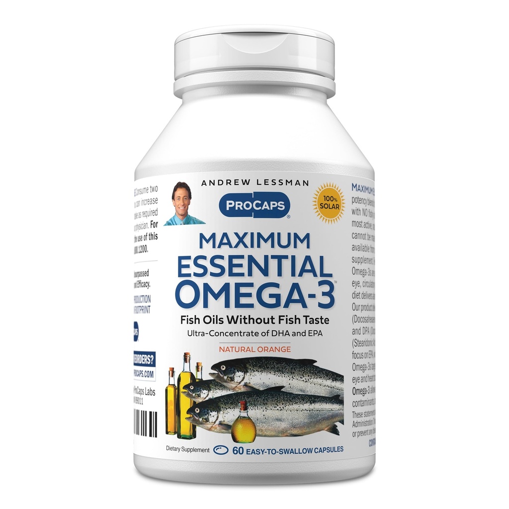 ANDREW LESSMAN Maximum Essential Omega-3 Orange - 60 Softgels - Ultra-Pure, High Potence Omega-3 Olies. Høj DHA, ingen stomach, ingen kontaminanter, ingen kviksølv. Lille let at synke bløddele