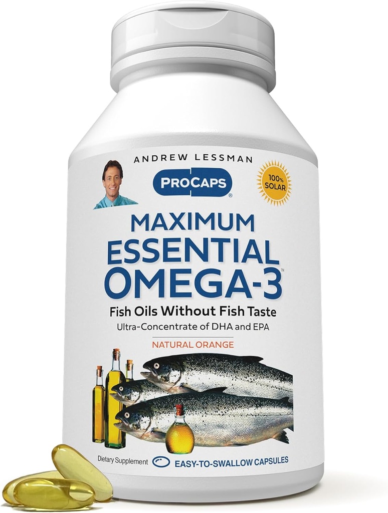 ANDREW LESSMAN Maximum Essential Omega-3 Orange - 60 Softgels - Ultra-Pure, High Potence Omega-3 Olies. Høj DHA, ingen stomach, ingen kontaminanter, ingen kviksølv. Lille let at synke bløddele