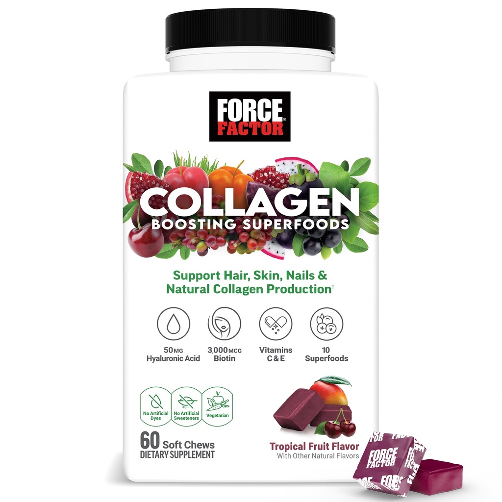 Force Factor Collagen Boosting Superfoods, Vegan Collagen Booster for kvinder, med Biotin, Hyaluronsyre, og C-vitamin, for hår, hud, negle, & fælles støtte, tropiske frugter, 60 bløde tygger