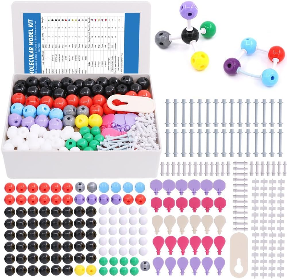 Swpeet 307 Pcs Molecular Model Kit for Økologisk og Uorganisk Kemi - Kemi Molecular Model Student and Lærer Set - 126 Atomer & 30 Orbitaler & 150 Links & 1 Short Link Remover Tool