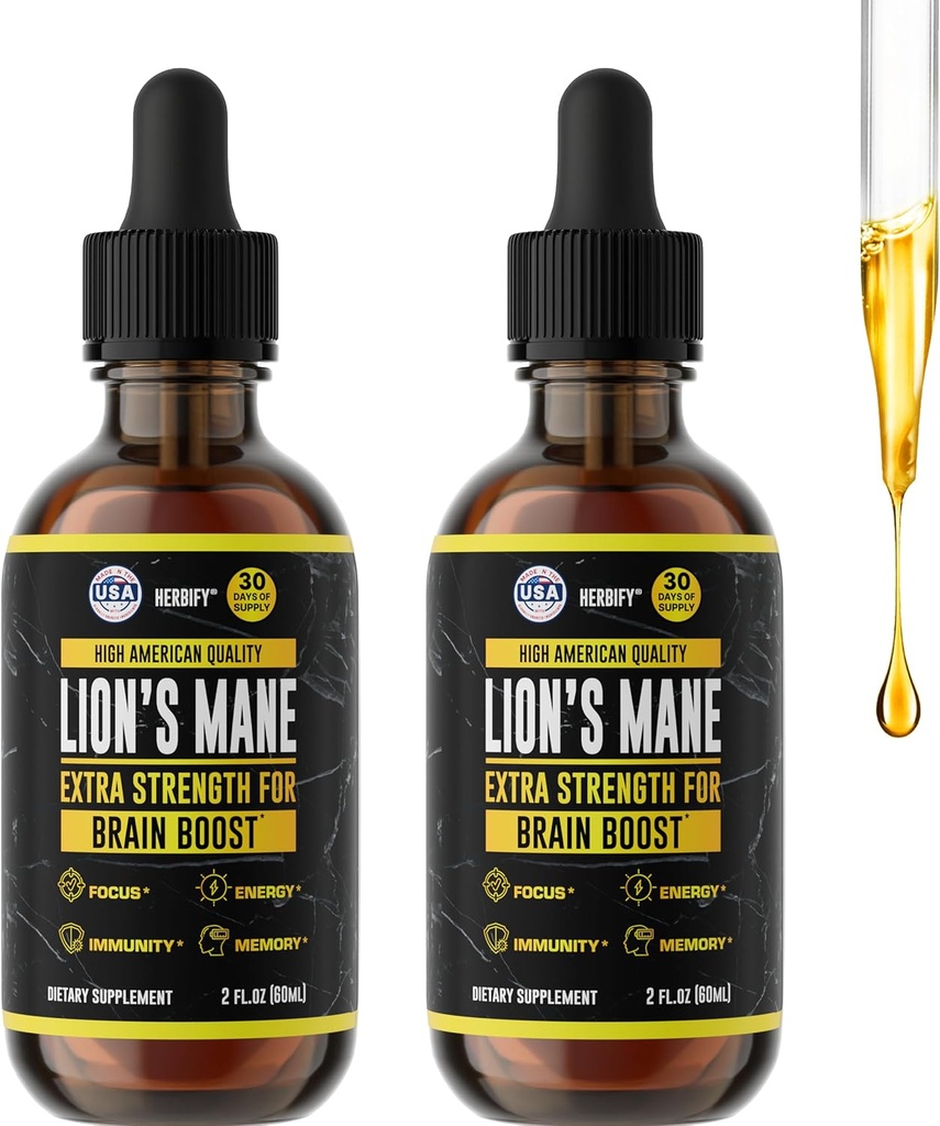 HERBIFY Lions Mane - Lions Mane Mushroom Supplement- Lions Mane Tincture - Immunstøtte - Lions Mane Tincture for Memory, Focus & Clarity - Daily Mushroom Supplement - 2 Fl oz 2 Pack
