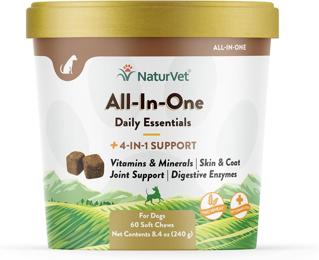 NaturVet All- in- One Dog Supplement - til fælles støtte, fordøjelse, hud, Coat Care - hund Multivitaminer med mineraler, Omega-3, 6, 9 - Wheat- Free Vitamin til hunde - 60 bløde tygger