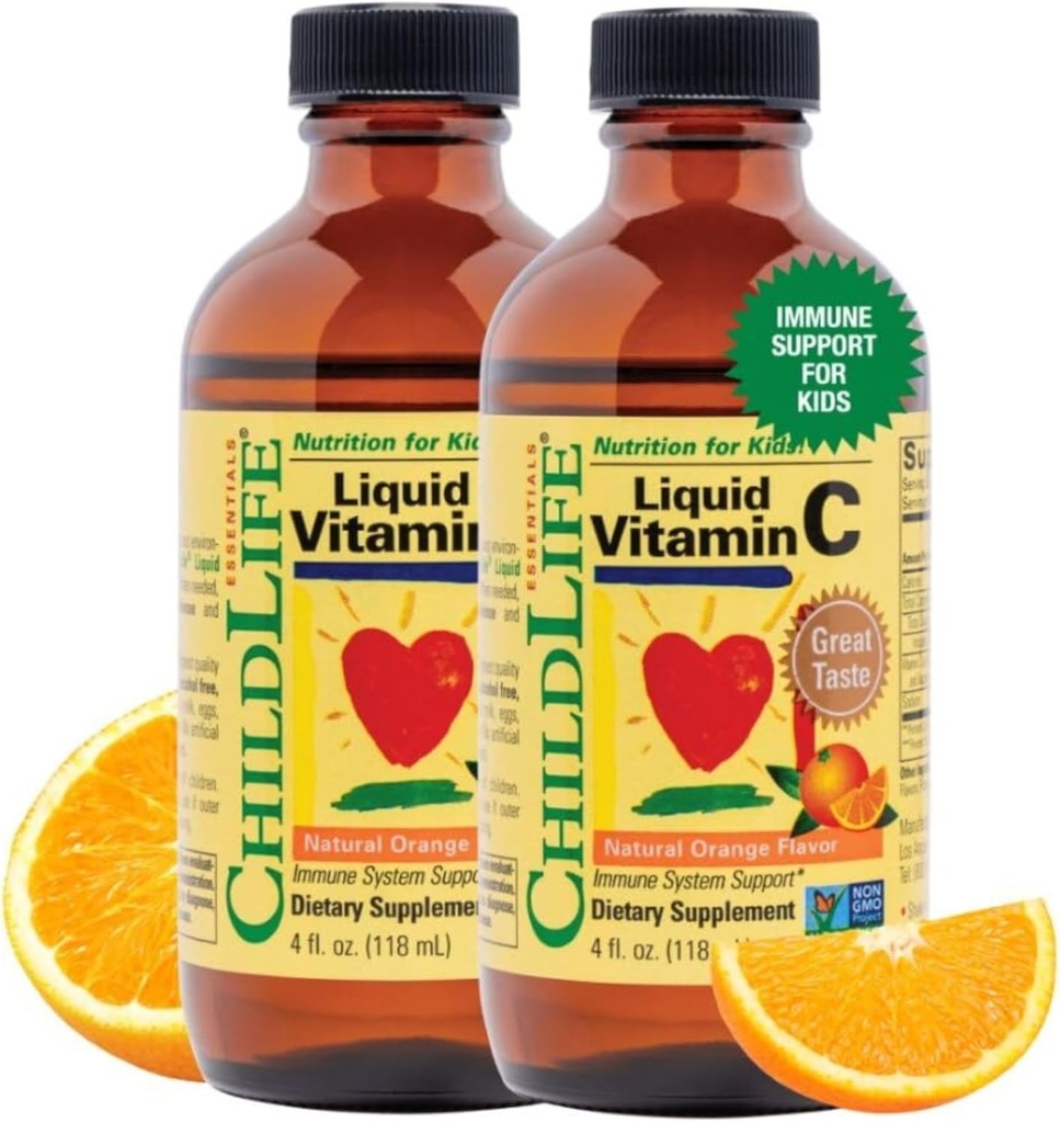 BEDLIV VÆSENTLIGE Flydende C-vitamin - Pure Vitamin C flydende supplement til børn, immunsystem support, Natural Orange Flavor, 4 Fl Oz (pakke med 2)