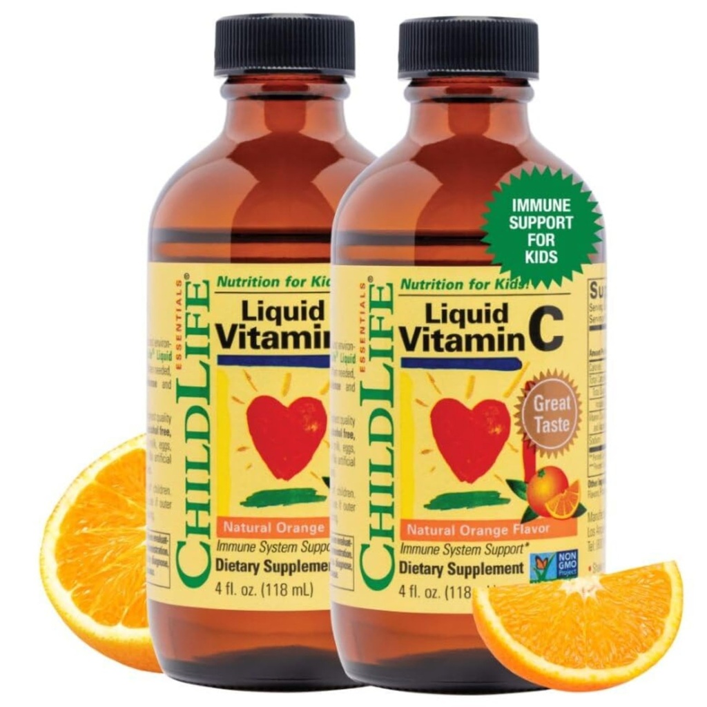 CHILDLIFE ESSENTIALS Liquid Vitamin C - Pure Vitamin C Liquid Supplement for Kids, Toddlers, & Babies, Immune System Support, Low Sugar, Natural Orange Flavor - 4 Fl Oz (Pack of 2)