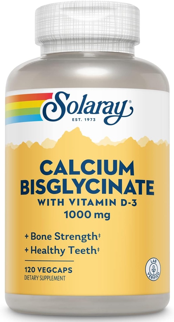 Solaray Calcium Bisglycinate 1000mg med D-3-vitamin, chelated Calcium supplement for ben styrke og sund tænder støtte, Forbedret absorption og nem at synliggøre, 30 Servere, 120 VegCaps