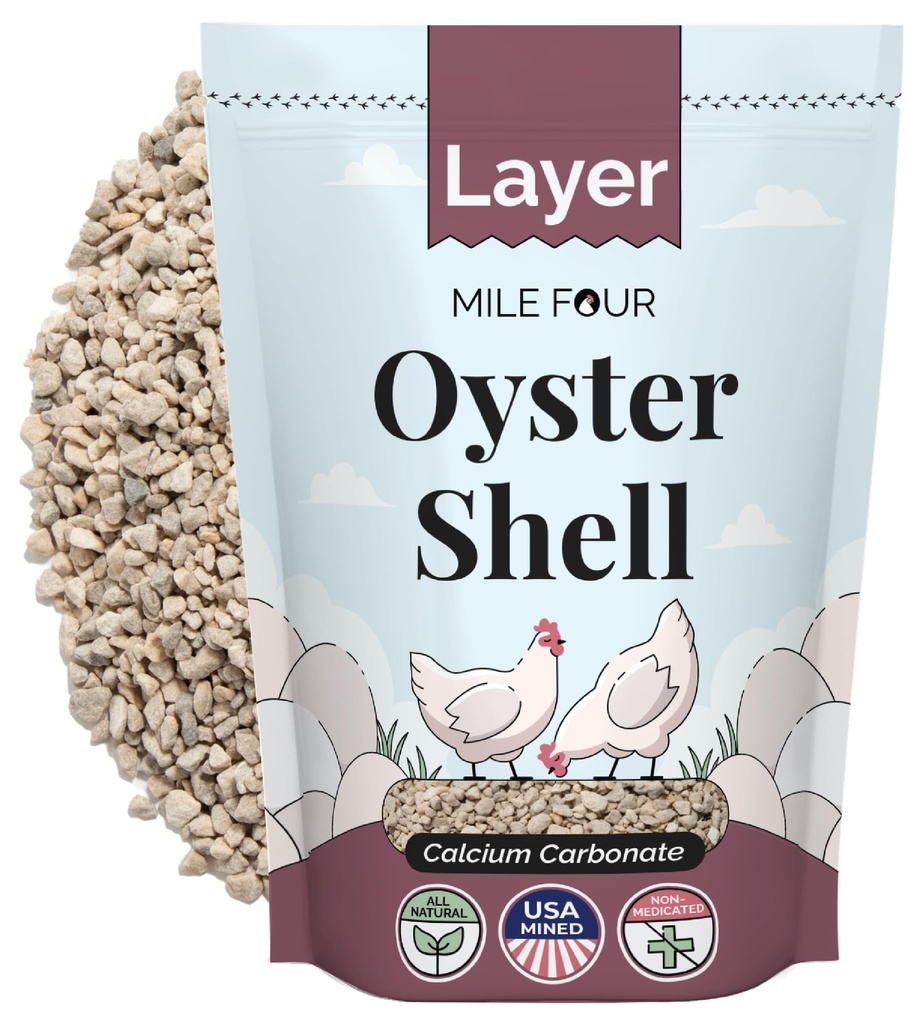 Mile Four Oyster Shell for kyllinger - Calcium supplement til kyllinger, 100% Natural Kalksten Calciumcarbonat, Stærk Eggshell & Ben Booster, 4 lbs