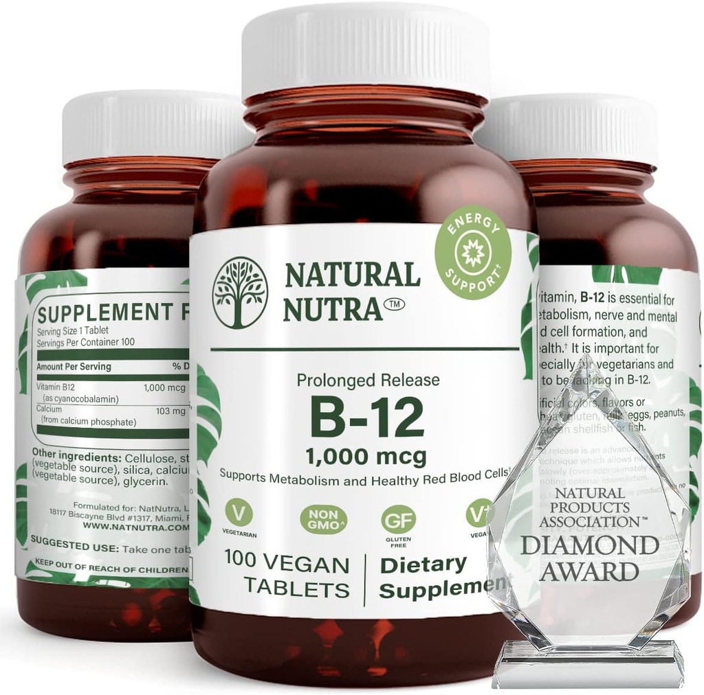 Naturlige Nutra Vitamin B12 1000 mcg, Promote Heart & Nerve Health, Cobalamin B12 Supplement, Calciumfosfat, Hjælp i Metabolisme Sundhed, Optimal Absorption, Gluten Free, Sugar Free, 100 Vegan Tablets