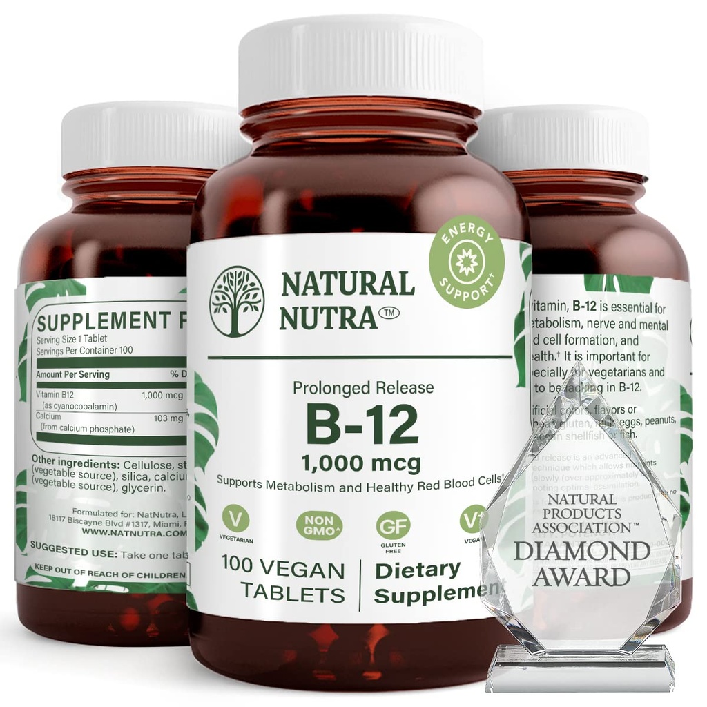 Naturlige Nutra Vitamin B12 1000 mcg, Promote Heart & Nerve Health, Cobalamin B12 Supplement, Calciumfosfat, Hjælp i Metabolisme Sundhed, Optimal Absorption, Gluten Free, Sugar Free, 100 Vegan Tablets
