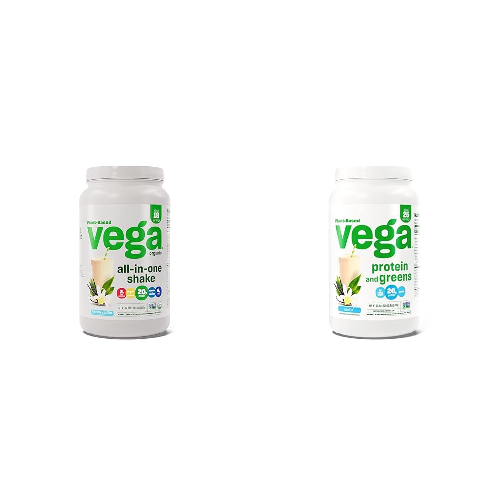 Vega Organic All- in- One Vegan Protein Powder & Protein and Greens Protein Powder, Vanilla - 20g Plantebaseret Protein Plus Veggies
