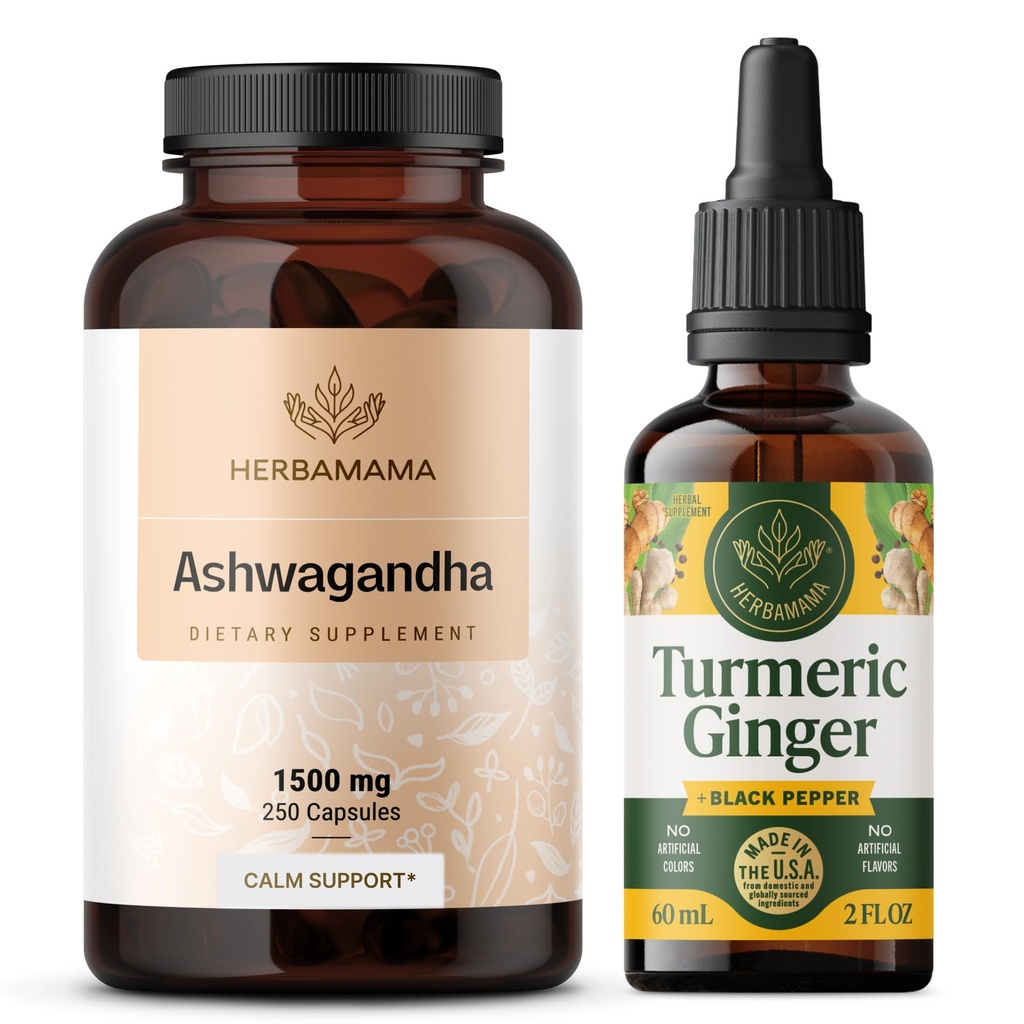 HERBAMAMA Ashwagandha og gurkemeje - Bundle of 1500 mg Ashwagandha Root Capsules & gurkemeje Ingefær Tincture 2 fl oz - Vegan, Non- GMO, Sugar & Alcohol- Free - 2 Pack