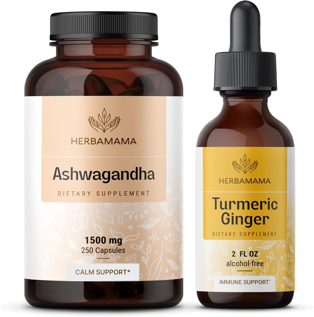 HERBAMAMA Ashwagandha og gurkemeje - Bundle of 1500 mg Ashwagandha Root Capsules & gurkemeje Ingefær Tincture 2 fl oz - Vegan, Non- GMO, Sugar & Alcohol- Free - 2 Pack