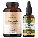 HERBAMAMA Ashwagandha og gurkemeje - Bundle of 1500 mg Ashwagandha Root Capsules & gurkemeje Ingefær Tincture 2 fl oz - Vegan, Non- GMO, Sugar & Alcohol- Free - 2 Pack