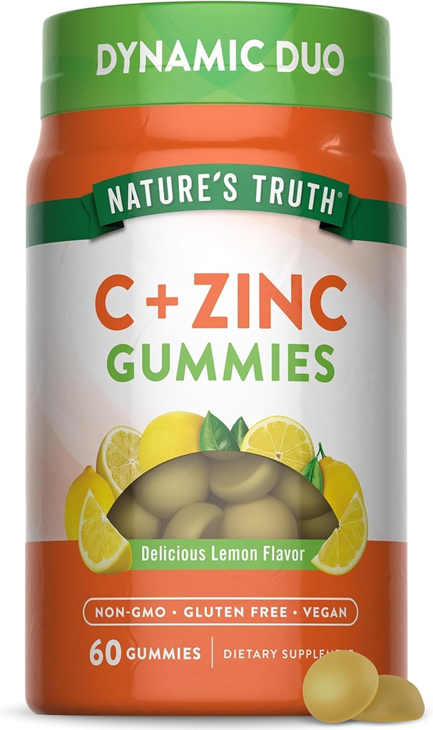Nature 's Truth Vitamin C Gummies med zink til voksne er 124; 60 tæller 124; immunforsvar er 124; Vegan, Non GMO & Gluten Free Supplement