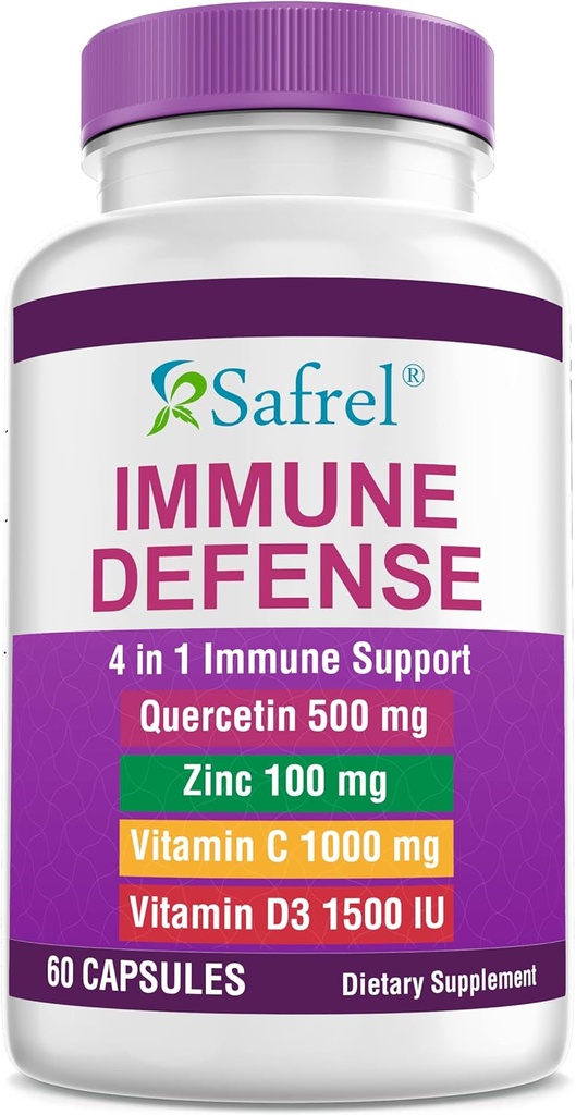 Safrel Strong immunsupport, Quercetin 500 mg, Zink Picolinate100 mg, VitamatiC 1000 mg, Vitamin D3 1000 IE, 60 kapsler, 1 måned Supply 124; Made in USA