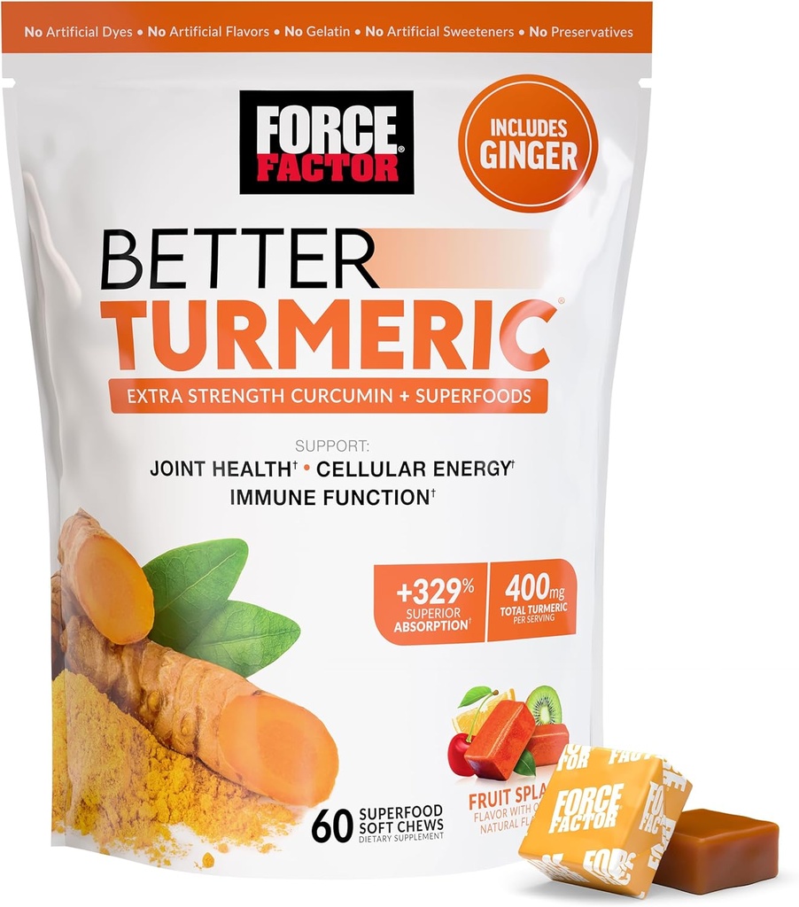 FORCE FACTOR Bedre gurkemeje Supplement 400mg med sort peber & Ingefær, Ekstra styrke fælles støtte, Superior Absorption, Ligesom gurkemeje Gummies, Fruit Splash, 60 gurkemeje tykkere