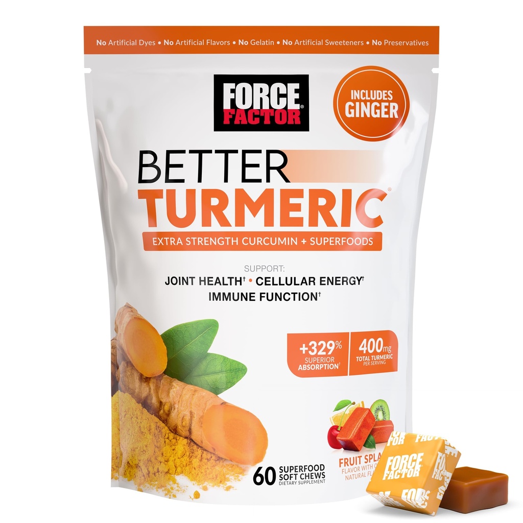 FORCE FACTOR Bedre gurkemeje Supplement 400mg med sort peber & Ingefær, Ekstra styrke fælles støtte, Superior Absorption, Ligesom gurkemeje Gummies, Fruit Splash, 60 gurkemeje tykkere