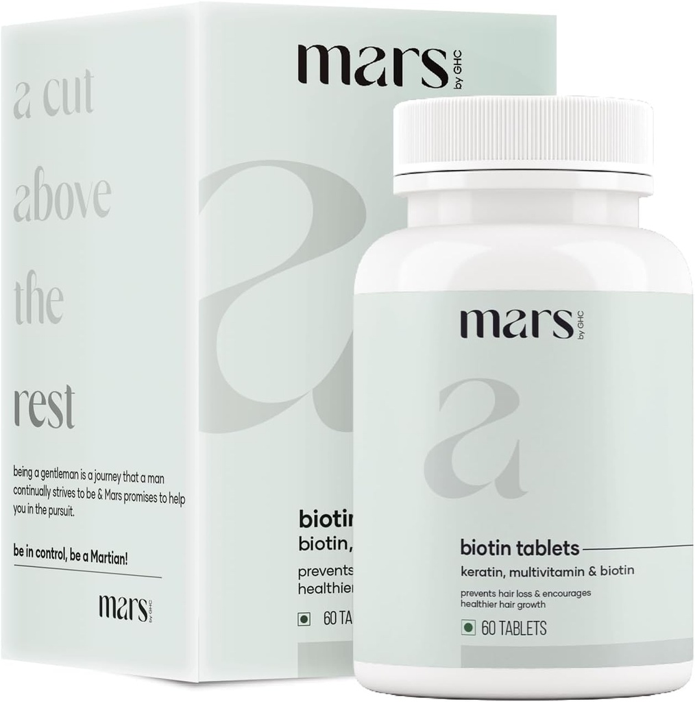 mars by GHC Beard Biotin, Promotes Stronger & Thicker Beard Growth, Powered with Vitamin A, Vitamin E, Vitamin B7, Keratin & Amino Acids | 100% Vegan 60 Count (Pack of 1)
