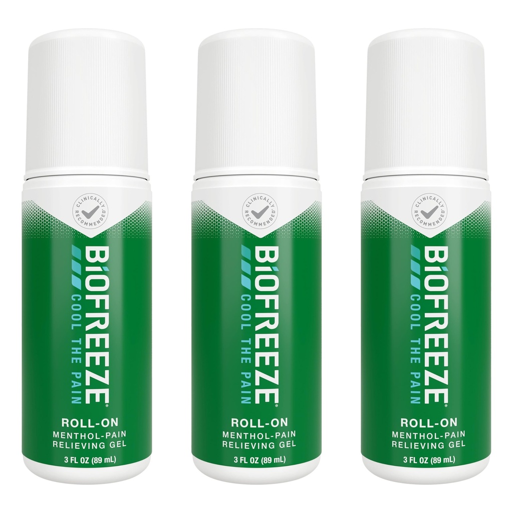 Biofreeze Roll On Pain Relief for Knæ, Neck, Hip, Joint, Shoulder, & Simple Backache, Gigt Pain Reliever, Sore Muscle Relief, Roll On Menthol Gel 3 Fl Oz (Pack of 3)