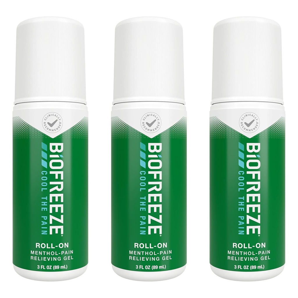 Biofreeze Roll On Pain Relief for Knæ, Neck, Hip, Joint, Shoulder, & Simple Backache, Gigt Pain Reliever, Sore Muscle Relief, Roll On Menthol Gel 3 Fl Oz (Pack of 3)