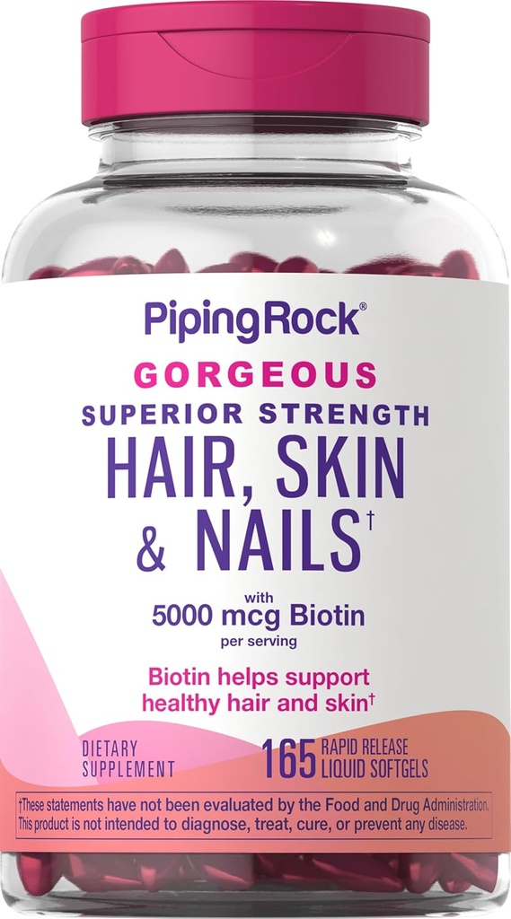 Piping Rock Hår Hud og negle Vitaminer for kvinder og mænd; 165 Softgels - 124; 5000 mcg Biotin Extra Strength