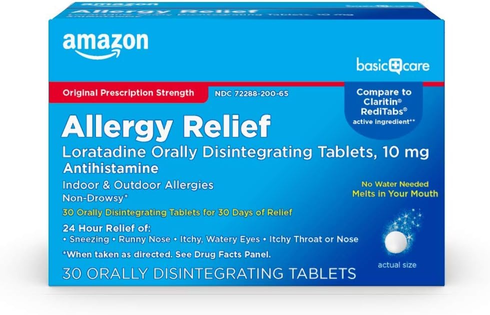 Basic Care Loratadine Orally Disintegration Tablets, 10 mg, Antihistamin, Allergi Medicin, 24 timers Relief, 30 Greve