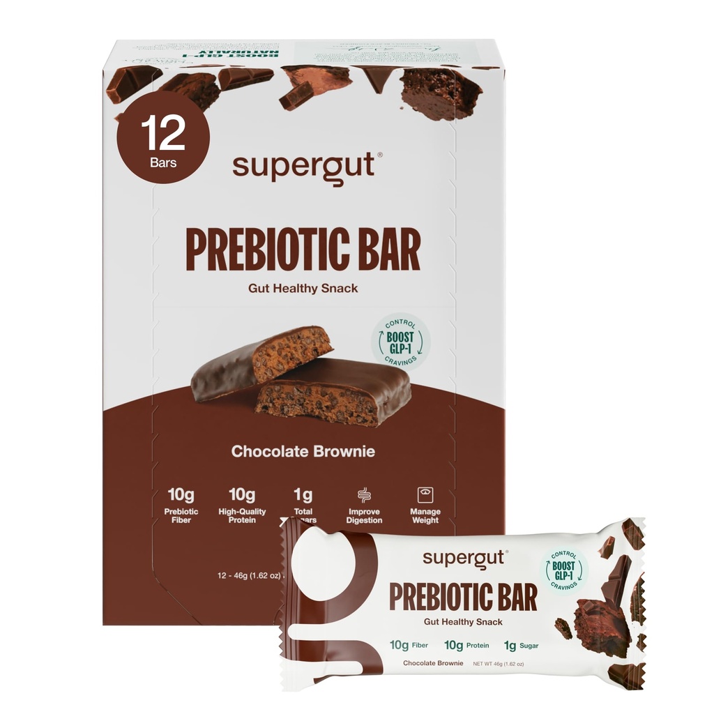 Supergut GLP-1 Boosting Prebiotic Bars, Chokolade Brownie - Gut Sund Protein Snacks & Breakfast Bars - Keto-Friendly Meal Erstatning Energy Bars (12 Greve)
