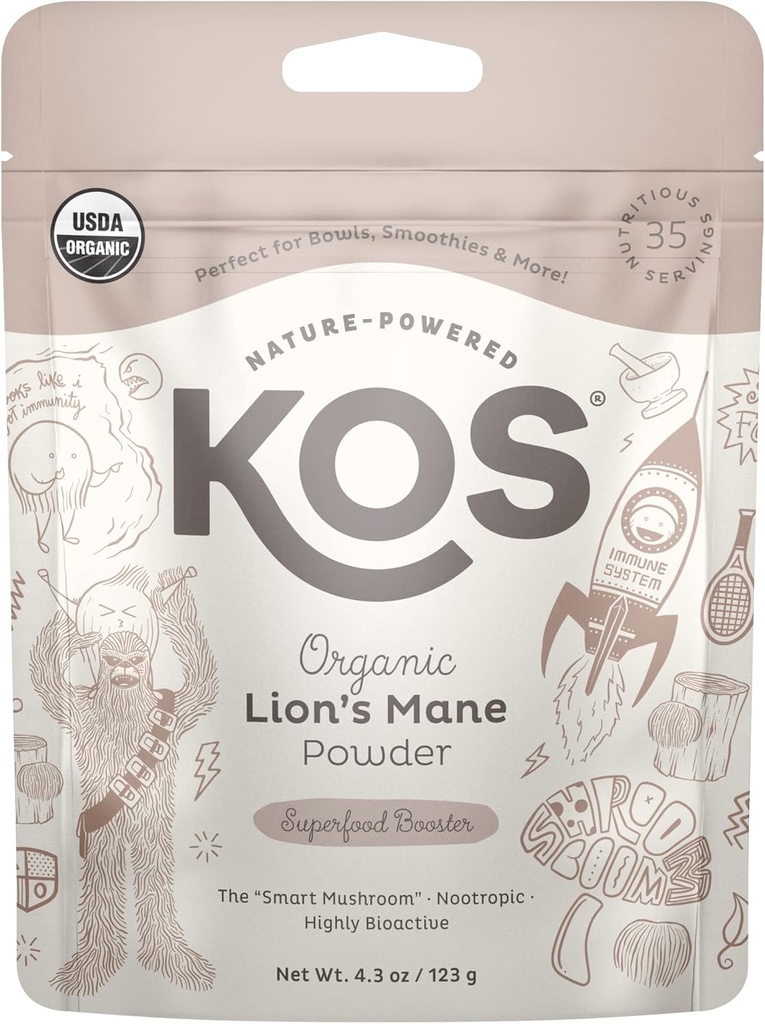 KOS Organic Lions Mane Powder - Natural Nootrop Superfood to Support Focus - Vegansk Funktionel Mushroom, Plant Based, USDA Certified, Non- GMO, Soy & Gluten- Free - 35 Serverings Bag