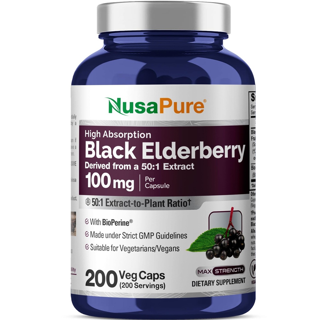 NusaPure Black Elderberry 50: 1 Extract, 100 mg svarende til 5,000mg per Veggie Kapsler, 200 Count (non-GMO, Bioperine) Sambucus Supplement