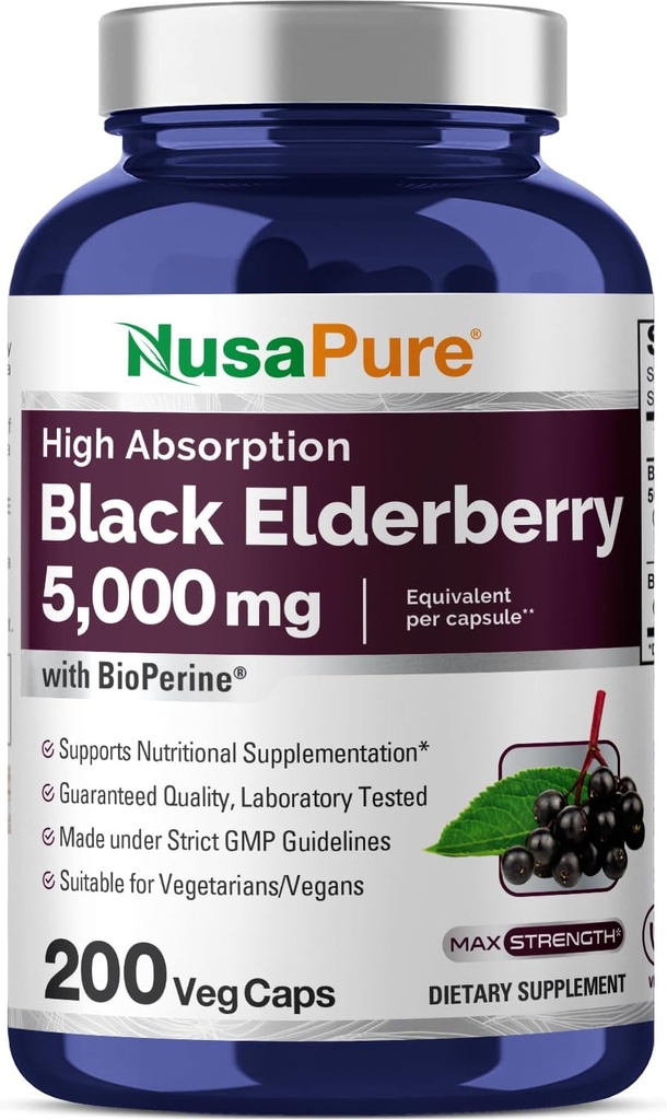 NusaPure Black Elderberry 50: 1 Extract, 100 mg svarende til 5,000mg per Veggie Kapsler, 200 Count (non-GMO, Bioperine) Sambucus Supplement